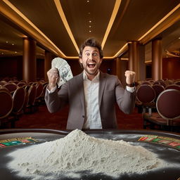 A ecstatic man in an empty casino holding a rolled 100 dollar bill near a mound of baking flour on a table.