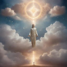 A peaceful divine entity represented in a poetic, surreal style with glowing light, ethereal clouds and celestial symbols.