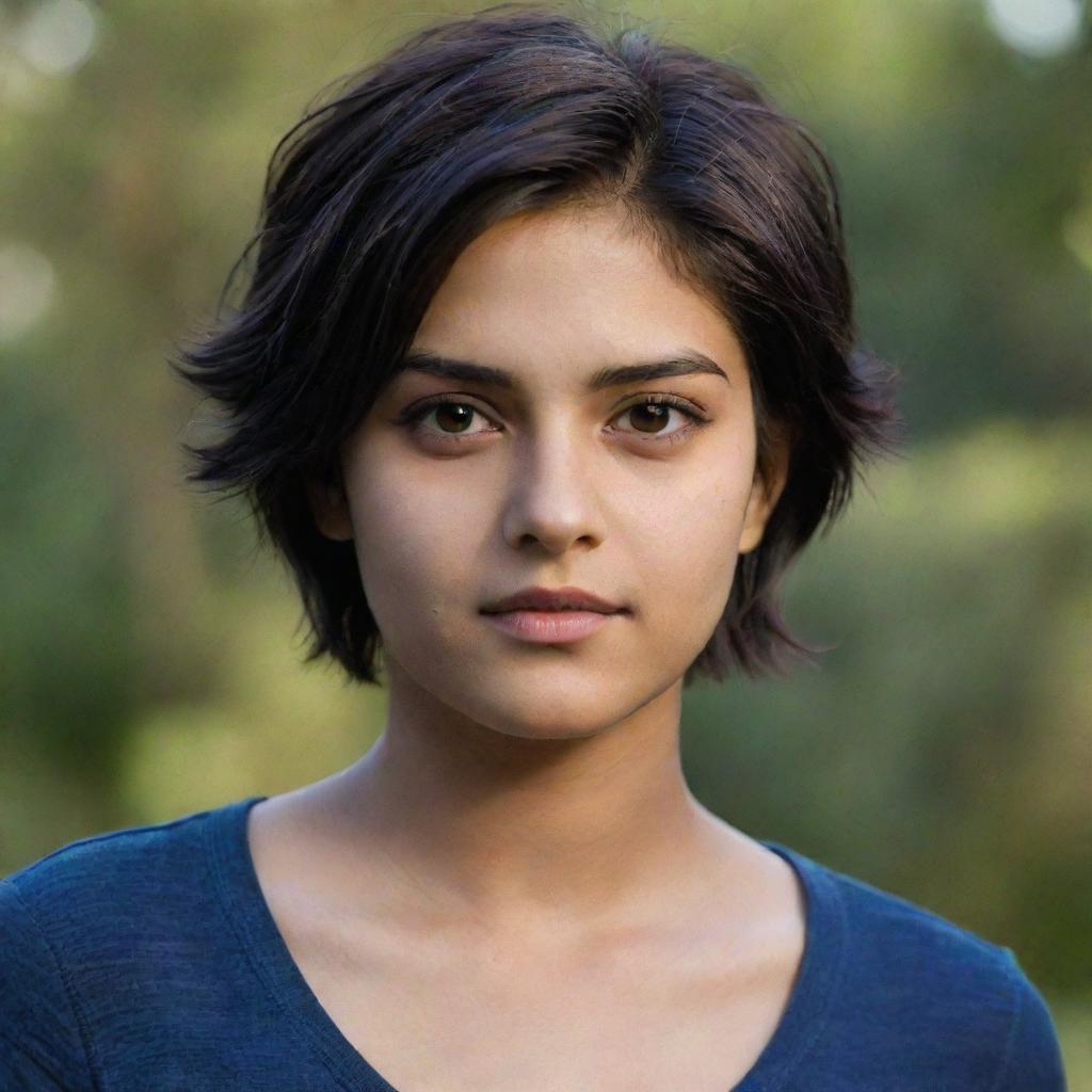 A teenage girl with short hair, who has the distinctive features of a Twilight character, exhibiting Indian skin tone.