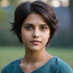 A teenage girl with short hair, who has the distinctive features of a Twilight character, exhibiting Indian skin tone.