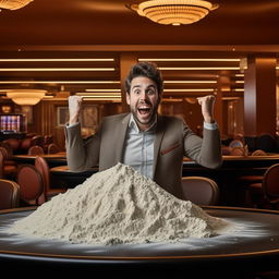 A ecstatic man in an empty casino holding a rolled 100 dollar bill near a mound of baking flour on a table.