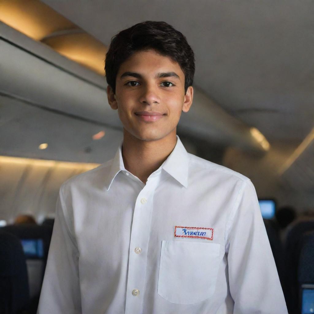 A teenage boy confidently wearing a crisp white shirt emblazoned with the name 'Yasir Samoon'. He is standing in an American Airlines plane cabin, illuminated by warm overhead lights.