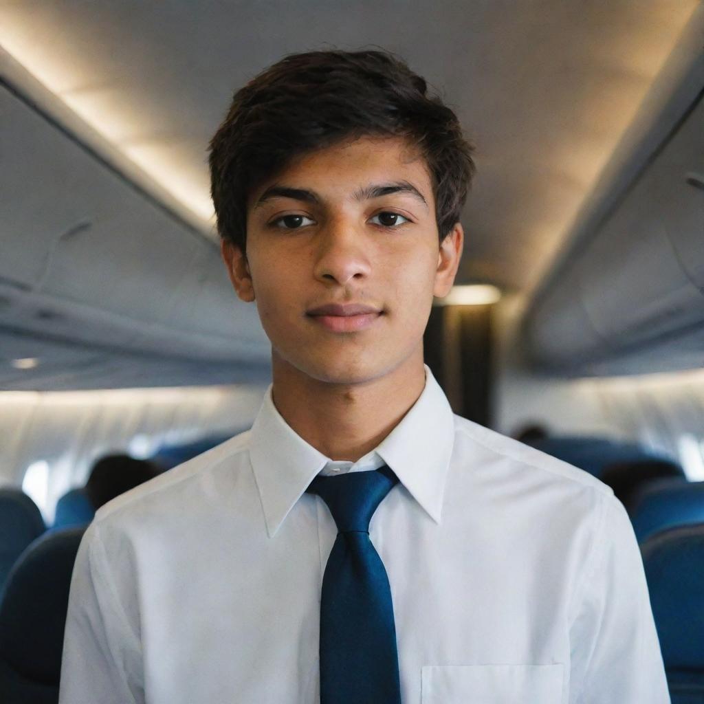 A teenage boy confidently wearing a crisp white shirt emblazoned with the name 'Yasir Samoon'. He is standing in an American Airlines plane cabin, illuminated by warm overhead lights.