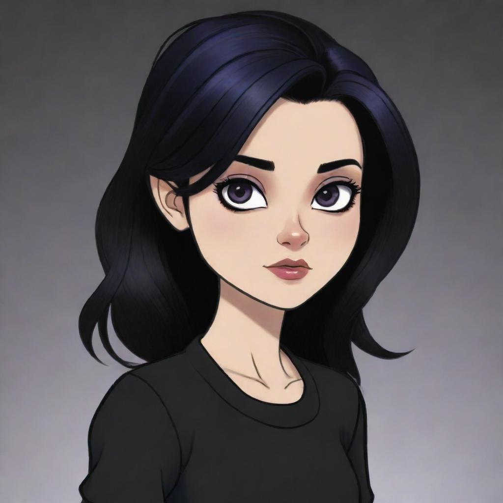 A mean-looking cartoon teenage girl resembling a Twilight character, with a medium-length hairstyle. She is stylishly dressed in black.