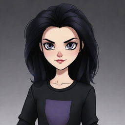 A mean-looking cartoon teenage girl resembling a Twilight character, with a medium-length hairstyle. She is stylishly dressed in black.