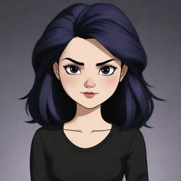 A mean-looking cartoon teenage girl resembling a Twilight character, with a medium-length hairstyle. She is stylishly dressed in black.