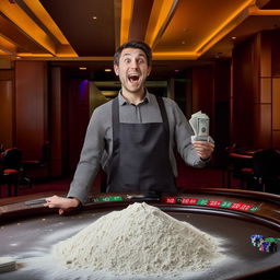 A ecstatic man in an empty casino holding a rolled 100 dollar bill near a mound of baking flour on a table.