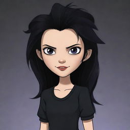 A mean-looking cartoon teenage girl resembling a Twilight character, with a medium-length hairstyle. She is stylishly dressed in black.