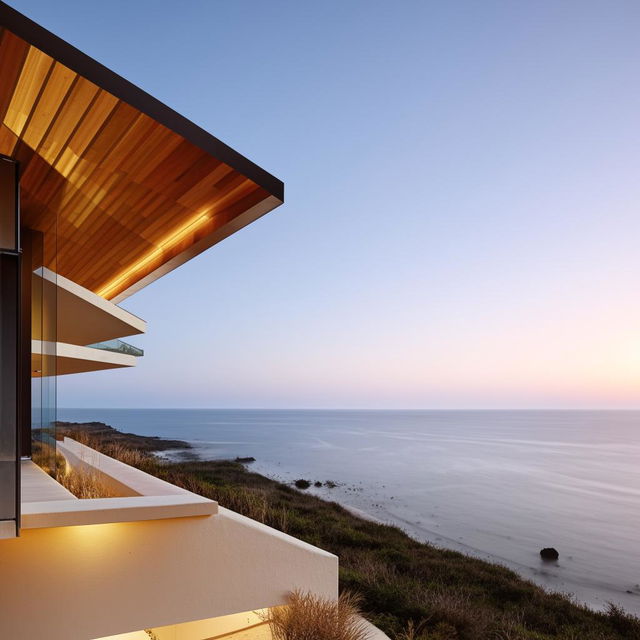 An architectural photography scene of a captivating balcony offering an extensive view of the ocean with the horizon in the distance.