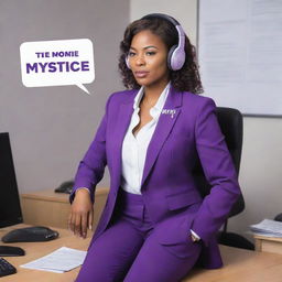 A cartoon-style, empowered boss lady in an office setup. She's wearing a purple suit with a white shirt, which has the inscription 'Mystique'. She is listening to music, conveying a determined yet relaxed pose.