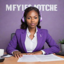 A cartoon-style, empowered boss lady in an office setup. She's wearing a purple suit with a white shirt, which has the inscription 'Mystique'. She is listening to music, conveying a determined yet relaxed pose.