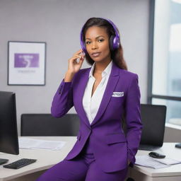 A cartoon-style, empowered boss lady in an office setup. She's wearing a purple suit with a white shirt, which has the inscription 'Mystique'. She is listening to music, conveying a determined yet relaxed pose.