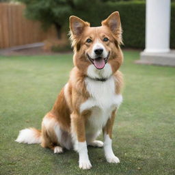 A well-groomed, happy dog with bright eyes and a wagging tail against a backyard setting.