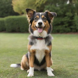 A well-groomed, happy dog with bright eyes and a wagging tail against a backyard setting.