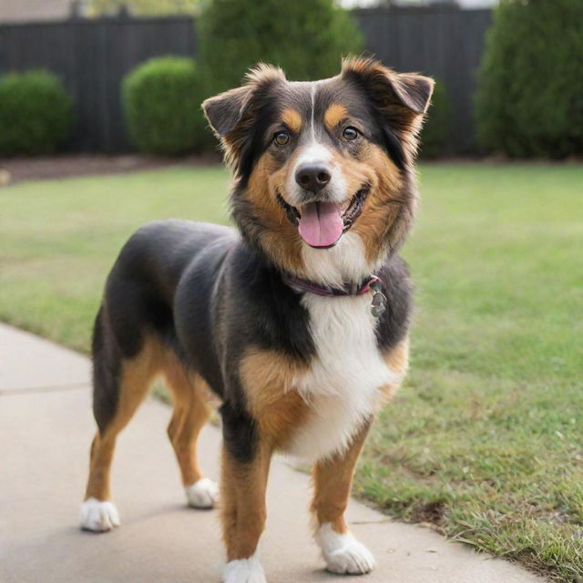 A well-groomed, happy dog with bright eyes and a wagging tail against a backyard setting.