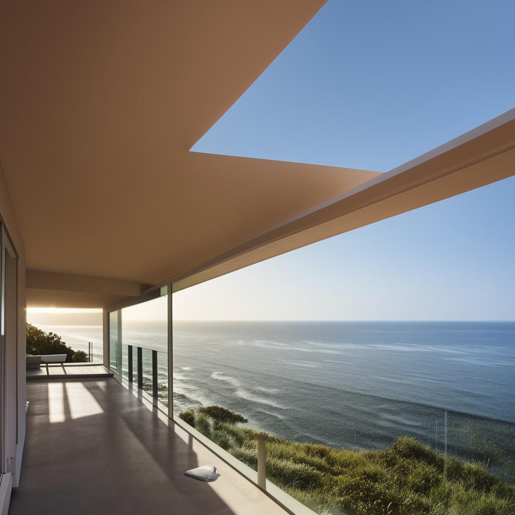 An architectural photography scene of a captivating balcony offering an extensive view of the ocean with the horizon in the distance.