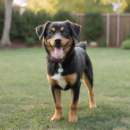 A well-groomed, happy dog with bright eyes and a wagging tail against a backyard setting.