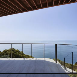 An architectural photography scene of a captivating balcony offering an extensive view of the ocean with the horizon in the distance.