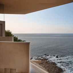 An architectural photography scene of a captivating balcony offering an extensive view of the ocean with the horizon in the distance.