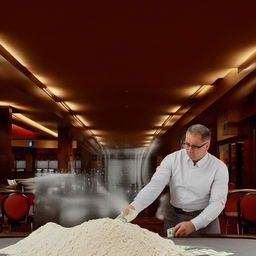 A man in an empty casino holding up a rolled dollar bill with a pile of bleached baking flour on the table.