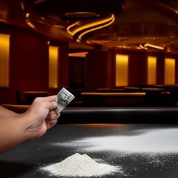 A man in an empty casino holding up a rolled dollar bill with a pile of bleached baking flour on the table.