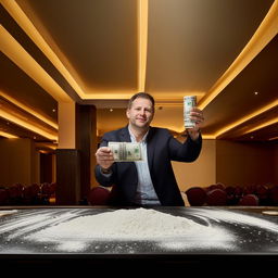 A man in an empty casino holding up a rolled dollar bill with a pile of bleached baking flour on the table.