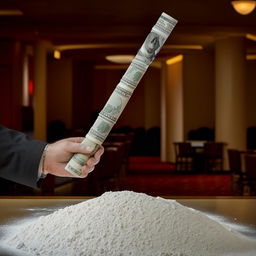 A man in an empty casino holding up a rolled dollar bill with a pile of bleached baking flour on the table.