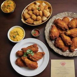 A unique and attractive menu depicting Iranian-style fried chicken, accompanied by high-definition images of golden, crispy chicken infused with Persian spices, showcased amid traditional Iranian design elements.