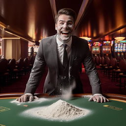 Well-dressed man in a custom suit grinning manically in an empty casino, with a pile of bleached baking flour dusting his upper lip on the table.