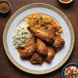 A unique and attractive menu depicting Iranian-style fried chicken, accompanied by high-definition images of golden, crispy chicken infused with Persian spices, showcased amid traditional Iranian design elements.