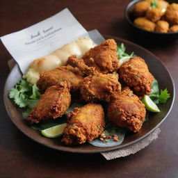 A unique and attractive menu depicting Iranian-style fried chicken, accompanied by high-definition images of golden, crispy chicken infused with Persian spices, showcased amid traditional Iranian design elements.