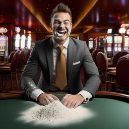 Well-dressed man in a custom suit grinning manically in an empty casino, with a pile of bleached baking flour dusting his upper lip on the table.