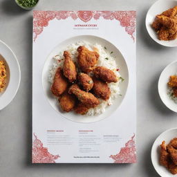 A clean, white-themed menu featuring Iranian-style fried chicken, with vivid pictures of flavorful, crunchy chicken seasoned with Persian spices, complemented by delicate Iranian design motifs.