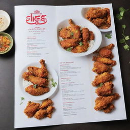 A clean, white-themed menu featuring Iranian-style fried chicken, with vivid pictures of flavorful, crunchy chicken seasoned with Persian spices, complemented by delicate Iranian design motifs.