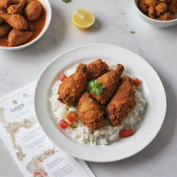 A clean, white-themed menu featuring Iranian-style fried chicken, with vivid pictures of flavorful, crunchy chicken seasoned with Persian spices, complemented by delicate Iranian design motifs.