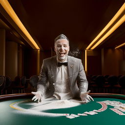 Well-dressed man in a custom suit grinning manically in an empty casino, with a pile of bleached baking flour dusting his upper lip on the table.