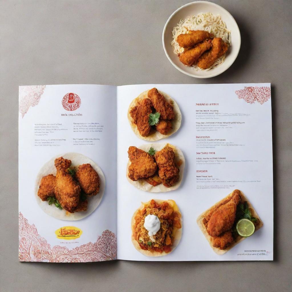 A polished, white-themed menu showcasing Iranian-style fried chicken. It should feature vibrant images of the crispy, flavor-packed chicken, accented with traditional Iranian design motifs.