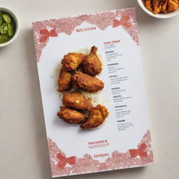 A polished, white-themed menu showcasing Iranian-style fried chicken. It should feature vibrant images of the crispy, flavor-packed chicken, accented with traditional Iranian design motifs.