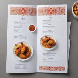 A polished, white-themed menu showcasing Iranian-style fried chicken. It should feature vibrant images of the crispy, flavor-packed chicken, accented with traditional Iranian design motifs.