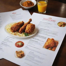 A polished, white-themed menu showcasing Iranian-style fried chicken. It should feature vibrant images of the crispy, flavor-packed chicken, accented with traditional Iranian design motifs.