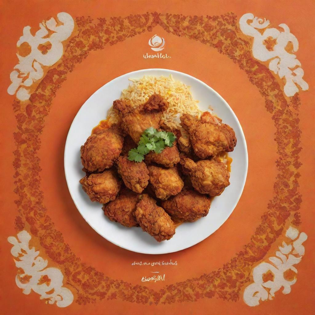 An Iranian-style fried chicken menu in hues of warm orange, featuring visually appealing images of golden crispy chicken, coordinated with elements of traditional Iranian designs.