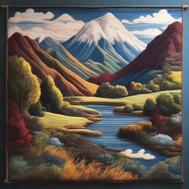 The artist skillfully created a stunning tapestry using various stitches to depict a beautiful landscape.
