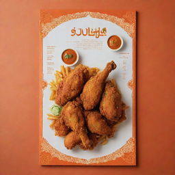 An Iranian-style fried chicken menu in hues of warm orange, featuring visually appealing images of golden crispy chicken, coordinated with elements of traditional Iranian designs.