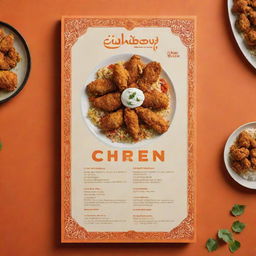 An Iranian-style fried chicken menu in hues of warm orange, featuring visually appealing images of golden crispy chicken, coordinated with elements of traditional Iranian designs.