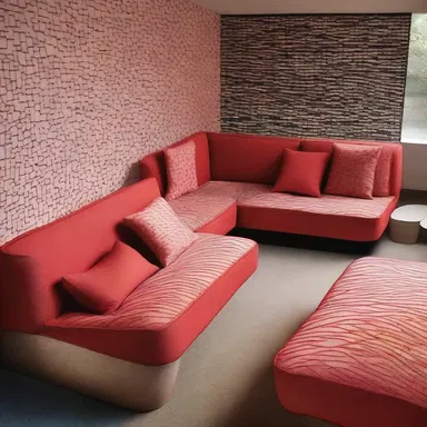 The architect used contrasting colored thread to stitch intricate patterns on the cushions of the seating area.