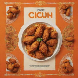 An Iranian-style fried chicken menu in hues of warm orange, featuring visually appealing images of golden crispy chicken, coordinated with elements of traditional Iranian designs.