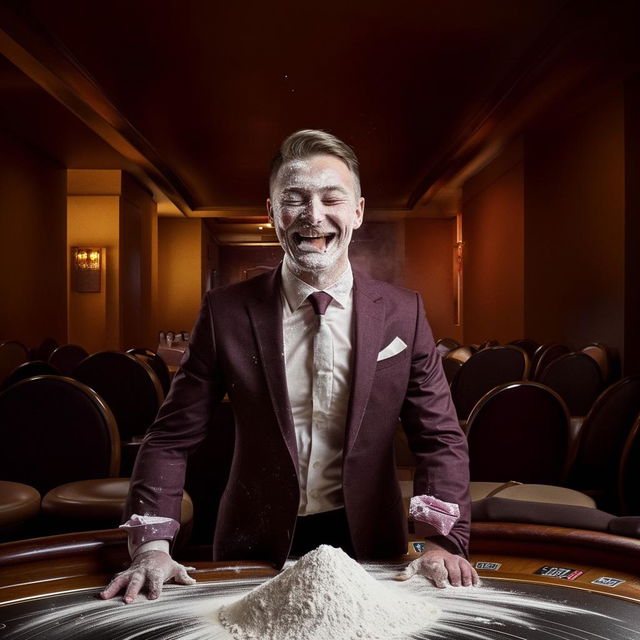 Well-dressed man in a custom suit grinning manically in an empty casino, with a pile of bleached baking flour dusting his upper lip on the table.