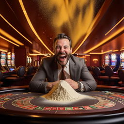 Well-groomed man in a custom suit grinning manically in an empty casino, with a pile of cornflour dusting his upper lip on the table.