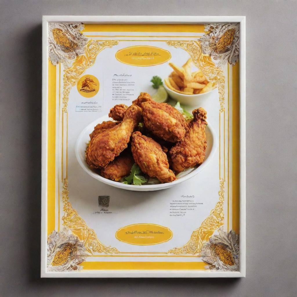 Menu dedicated to Persian-style fried chicken, framed with crisp white and sunny yellow borders. It features tantalizing images of golden crispy chicken, amidst traditional Persian design elements.