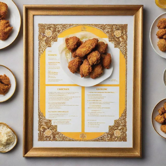 Menu dedicated to Persian-style fried chicken, framed with crisp white and sunny yellow borders. It features tantalizing images of golden crispy chicken, amidst traditional Persian design elements.